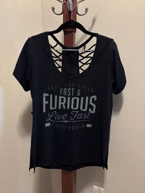 Fast & Furious Live Fast Women's Black Graphic Tee with Lattice Back